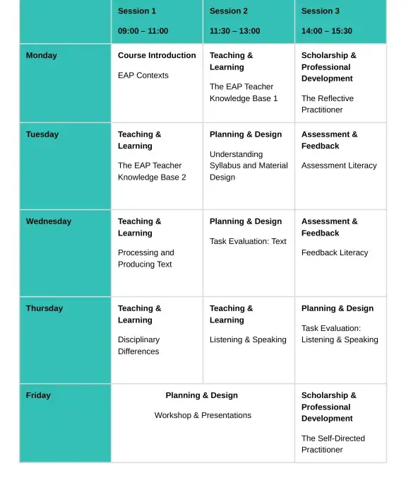 Teaching for Academic Purposes SAMPLE timetable